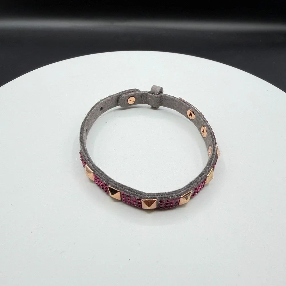 Gray Suede Studded Crystal Bracelet Rose Gold Tone Pink Rhinestone Gift Cuff